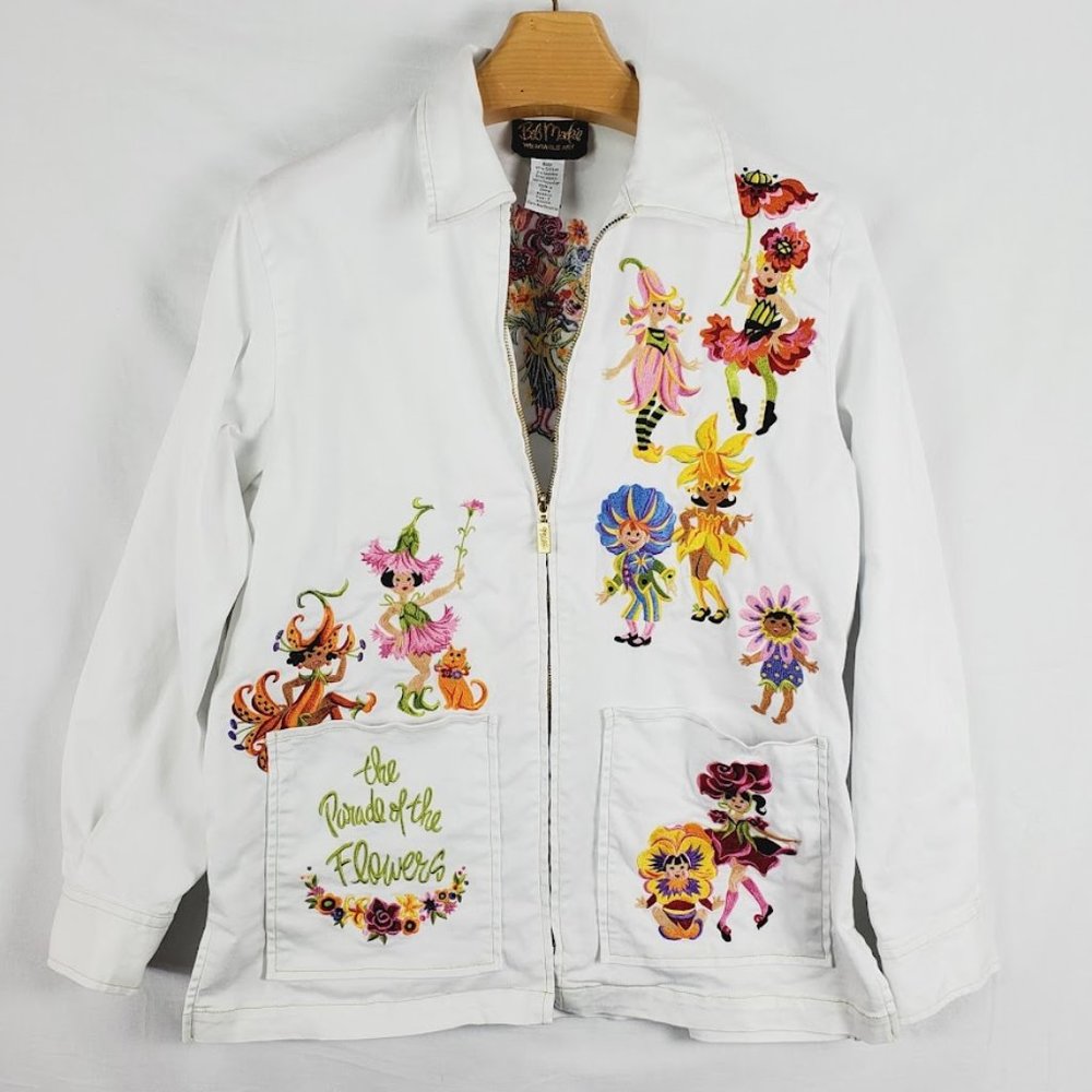 Bob Mackie Zip Jacket Parade of the Flowers Small White Summer Flower Fairies